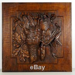 Pair Antique Black Forest Hand Carved Wood Panel Hunting Wall Plaque Bird, Fish