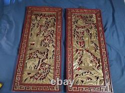 Pair Antique Chinese Carved Wood Panels Red Gold