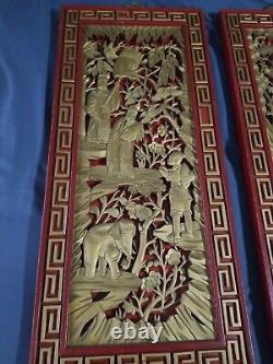 Pair Antique Chinese Carved Wood Panels Red Gold