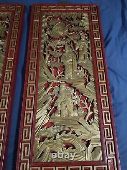 Pair Antique Chinese Carved Wood Panels Red Gold