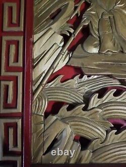 Pair Antique Chinese Carved Wood Panels Red Gold