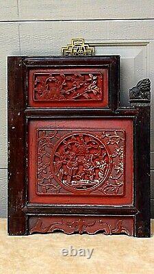Pair Antique Chinese Wood Carved Relief Red Lacquered Foo-lion Temple Panels