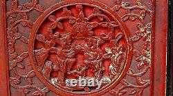 Pair Antique Chinese Wood Carved Relief Red Lacquered Foo-lion Temple Panels
