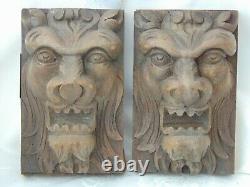 Pair Antique French Black Forest Wood Carved Gothic Chimera Lion Head Panels