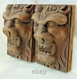 Pair Antique French Black Forest Wood Carved Gothic Chimera Lion Head Panels