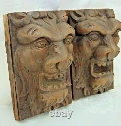 Pair Antique French Black Forest Wood Carved Gothic Chimera Lion Head Panels