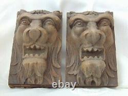 Pair Antique French Black Forest Wood Carved Gothic Chimera Lion Head Panels