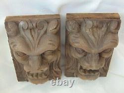 Pair Antique French Black Forest Wood Carved Gothic Chimera Lion Head Panels