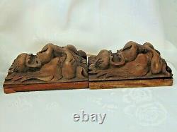 Pair Antique French Black Forest Wood Carved Gothic Chimera Lion Head Panels