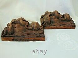 Pair Antique French Black Forest Wood Carved Gothic Chimera Lion Head Panels