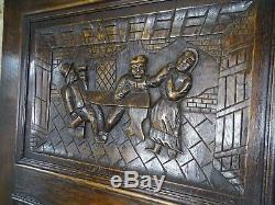 Pair Antique French Carved Salvage Cupboard Large Wood Doors Panel Bistrot Scene