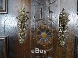Pair Antique French Carved Salvage Cupboard Large Wood Doors Panel Bistrot Scene