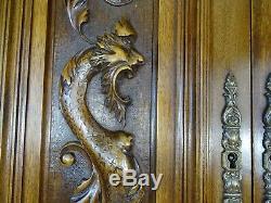 Pair Antique French Carved Wood Architectural Door Panel Gothic Chimera Walnut