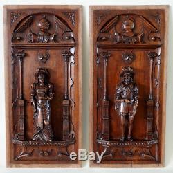 Pair Antique French Carved Wood Panels Wall Door Plaques Troubadour Sculptural