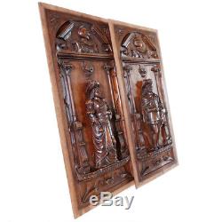 Pair Antique French Carved Wood Panels Wall Door Plaques Troubadour Sculptural