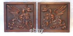 Pair Antique French Hand Carved Walnut Wood Panels Gothic Chimera Salvage #9