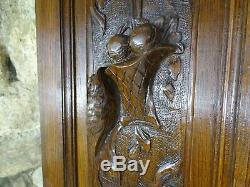 Pair Antique French Solid Oak Carved Wood Door/Panel Birds