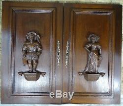 Pair Antique French Solid Oak Carved Wood Door/Panel- Couple Medieval Characters