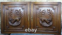 Pair Antique French Solid Oak Carved Wood Door/Panel Dog Hunting