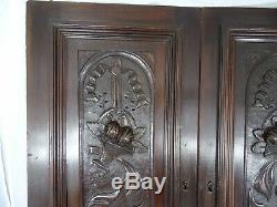 Pair Antique French Solid Walnut Carved Wood Door/Panel Basket of Flowers
