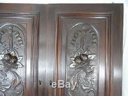 Pair Antique French Solid Walnut Carved Wood Door/Panel Basket of Flowers