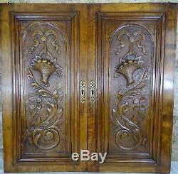 Pair Antique French Solid Walnut Carved Wood Door/Panel Basket of fruit
