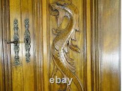 Pair Antique French Solid Walnut Carved Wood Door/Panel Dragon Chimera Gothic