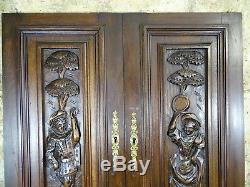 Pair Antique French Solid Walnut Carved Wood Door/Panel Travelling Musicians