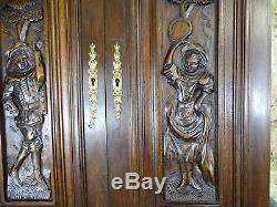 Pair Antique French Solid Walnut Carved Wood Door/Panel Travelling Musicians
