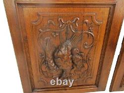 Pair Antique French hand Carved Oak Door Panels Reclaimed Architectural Birds