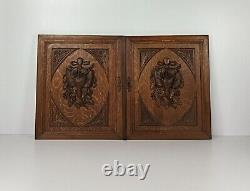 Pair Antique hand Carved Wood Door Panels Pheasants Hunt Reclaimed Architectura