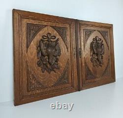 Pair Antique hand Carved Wood Door Panels Pheasants Hunt Reclaimed Architectura