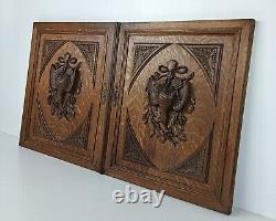 Pair Antique hand Carved Wood Door Panels Pheasants Hunt Reclaimed Architectura