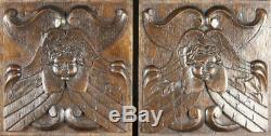 Pair Early 17th Century Antique Oak Carved Wood Panels with Angels Heads, C1600