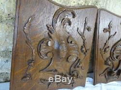 Pair French Antique Hand Carved Oak Wood Panel Louis XV Style Roses Wall Plaque