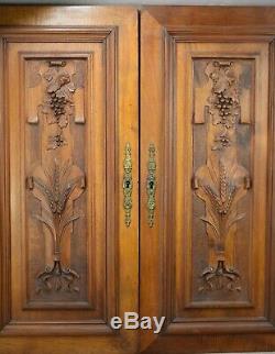 Pair French Antique Hand Carved Walnut Wood Grape Wheat Panel Cabinet Door