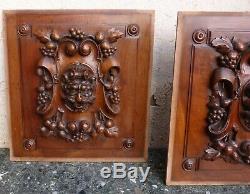 Pair French Walnut Wood Carved Panel Door Furniture Bacchus Gargoyle Griffin Win