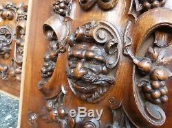 Pair French Walnut Wood Carved Panel Door Furniture Bacchus Gargoyle Griffin Win