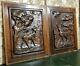 Pair Hunting Doe Deer Wood Carving Panel Antique French Architectural Salvage