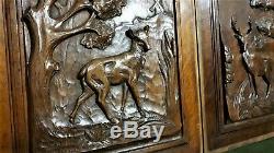 Pair Hunting doe deer wood carving panel antique french architectural salvage