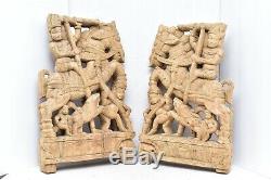 Pair India Figure W horses Carved Wood Wall Art Decor Panels Set of 2 relief