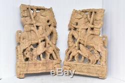 Pair India Figure W horses Carved Wood Wall Art Decor Panels Set of 2 relief