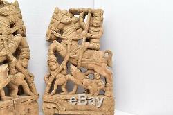 Pair India Figure W horses Carved Wood Wall Art Decor Panels Set of 2 relief