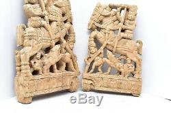 Pair India Figure W horses Carved Wood Wall Art Decor Panels Set of 2 relief