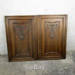 Pair L Carved Wood Oak Kitchen Cabinet Doors Panels Reclaimed Architectural Deer