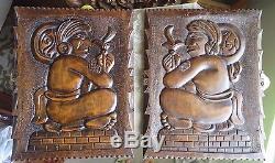 Pair Of Vintage Carved Wood Tribal Aztec Mayan Panel Warrior Statue Sculpture