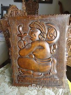 Pair Of Vintage Carved Wood Tribal Aztec Mayan Panel Warrior Statue Sculpture