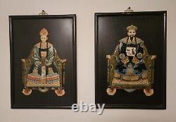 Pair Vintage Chinese Ancestor Inlaid Hand Carved Hardstone Wood Panels Plaques