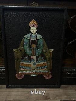 Pair Vintage Chinese Ancestor Inlaid Hand Carved Hardstone Wood Panels Plaques