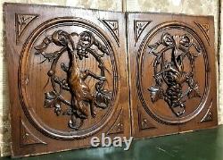 Pair black forest hunting carving panel Antique french architectural salvage